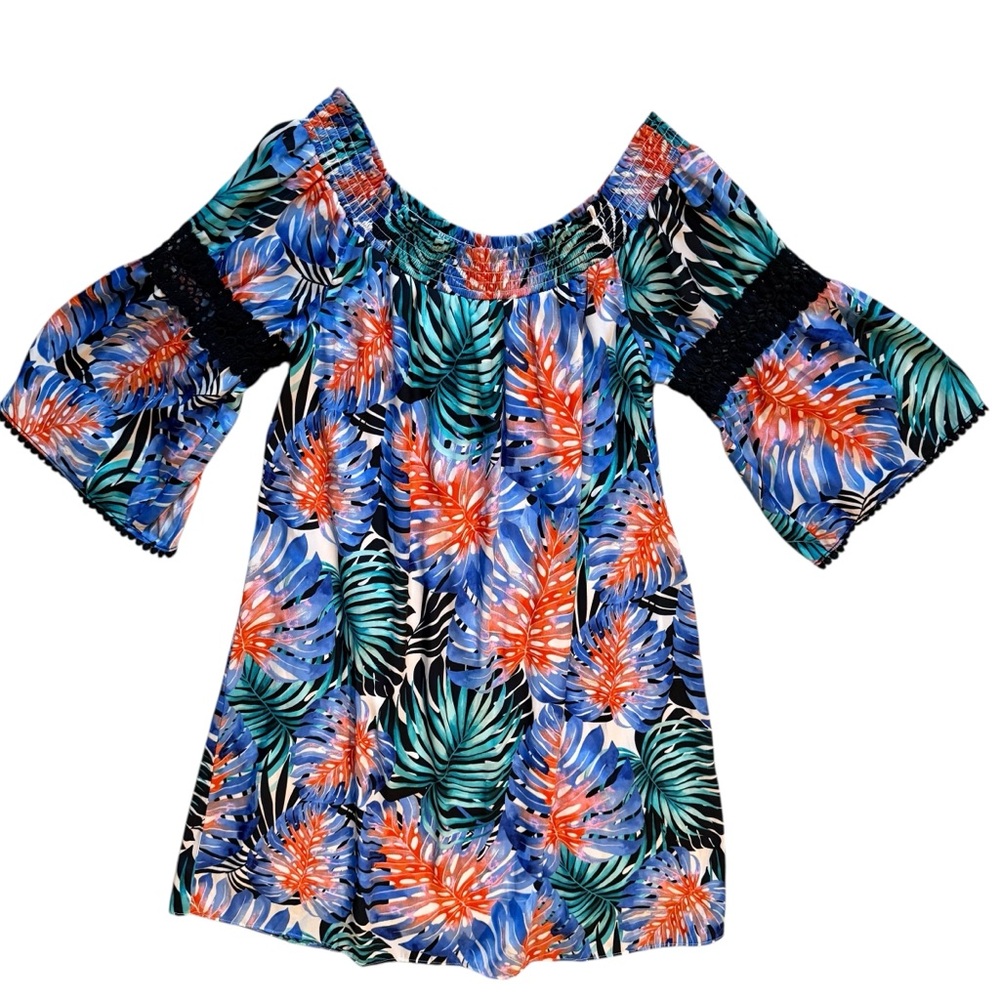 Jennifer Lopez Paradise Palms Tropical Off Shoulder Dress 3/4 Bell Sleeves Large